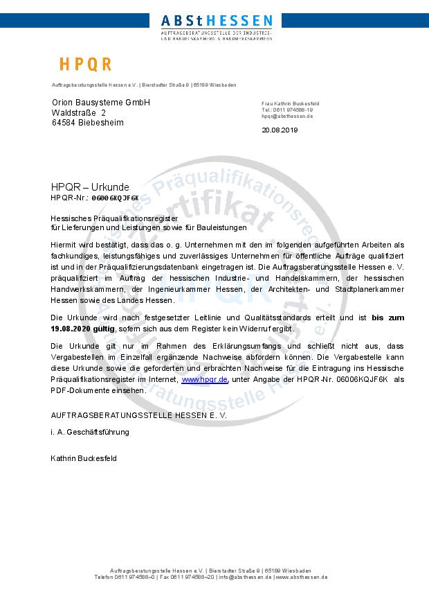 HPQR Zertifikat
