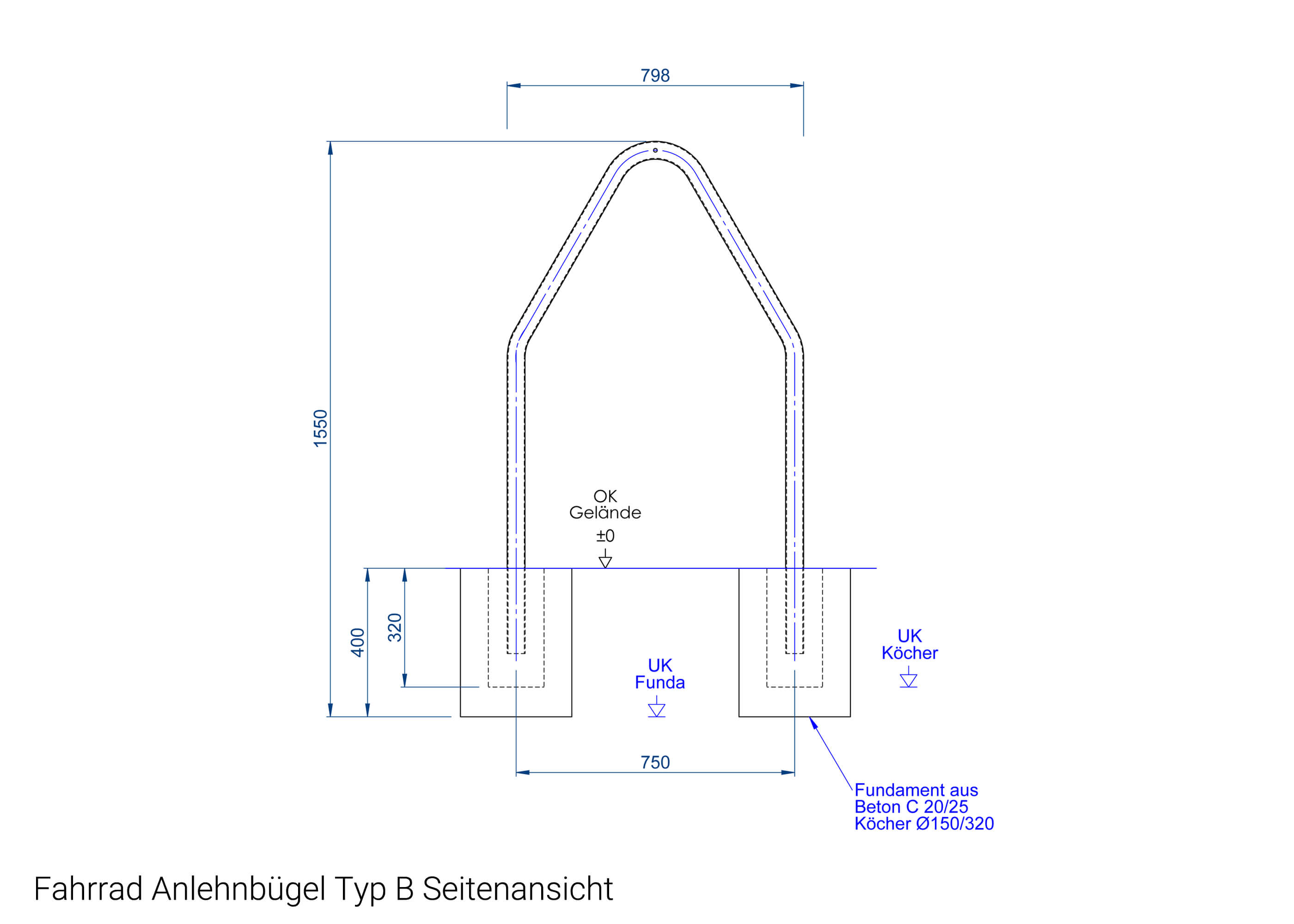 Fahrrad Anlehnbügel Typ B Seitenansicht Fahrrad Anlehnbügel Typ B Seitenansicht