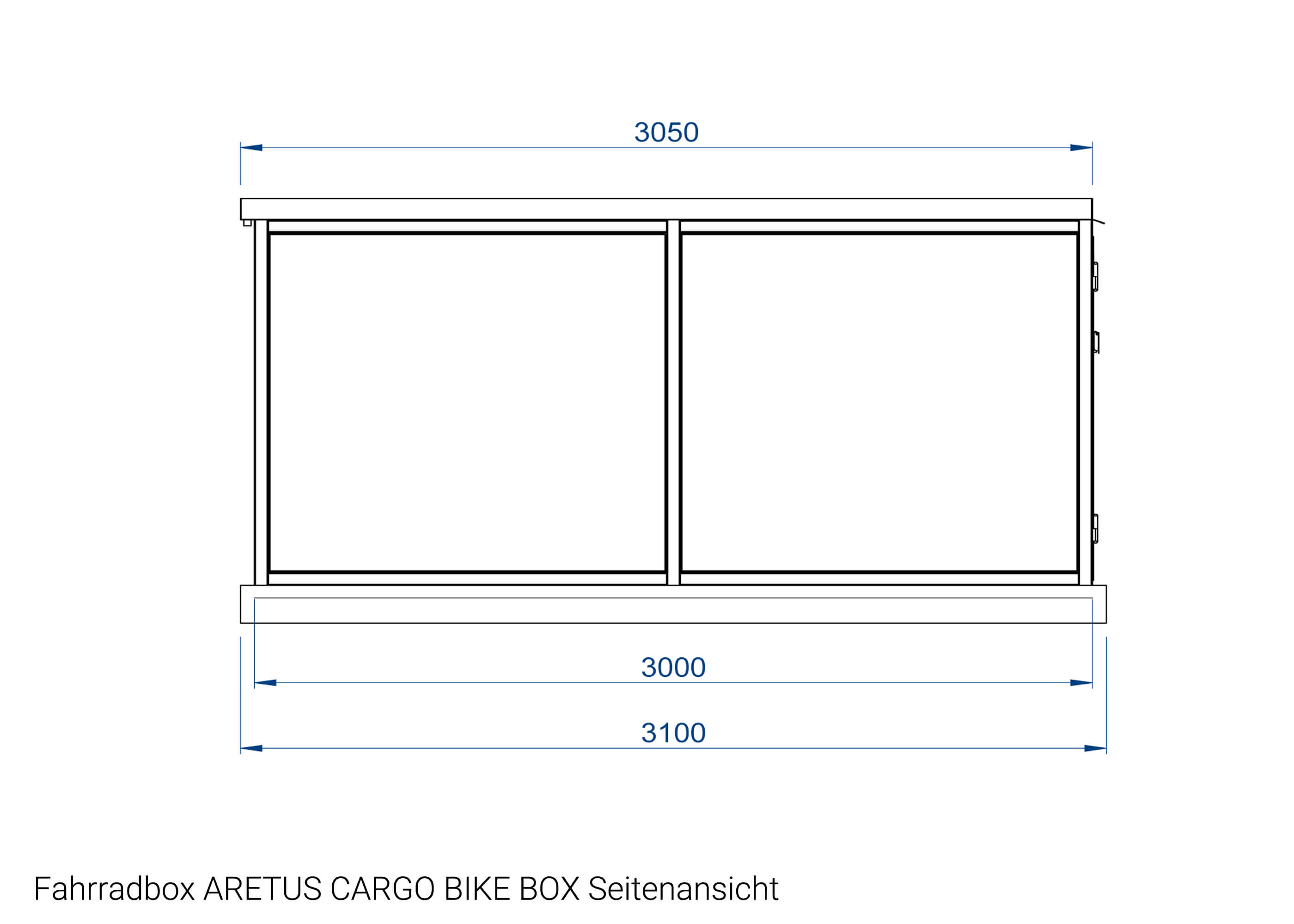 Zeichnung Fahrradbox ARETUS CARGO BIKE BOX Seitenansicht Zeichnung Fahrradbox ARETUS CARGO BIKE BOX Seitenansicht