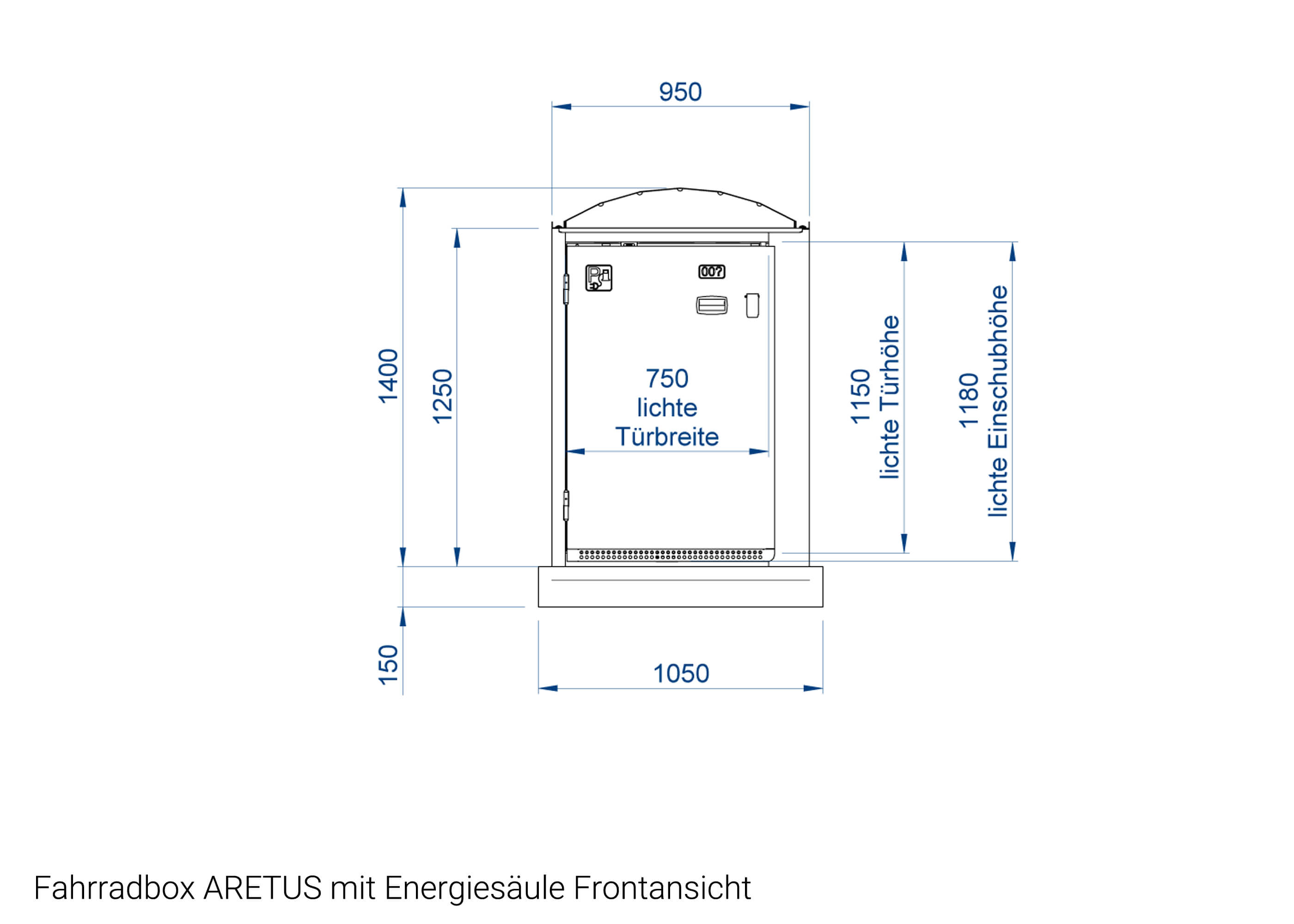 Zeichnung Fahrradbox ARETUS mit Energiesäule Frontansicht Zeichnung Fahrradbox ARETUS mit Energiesäule Frontansicht