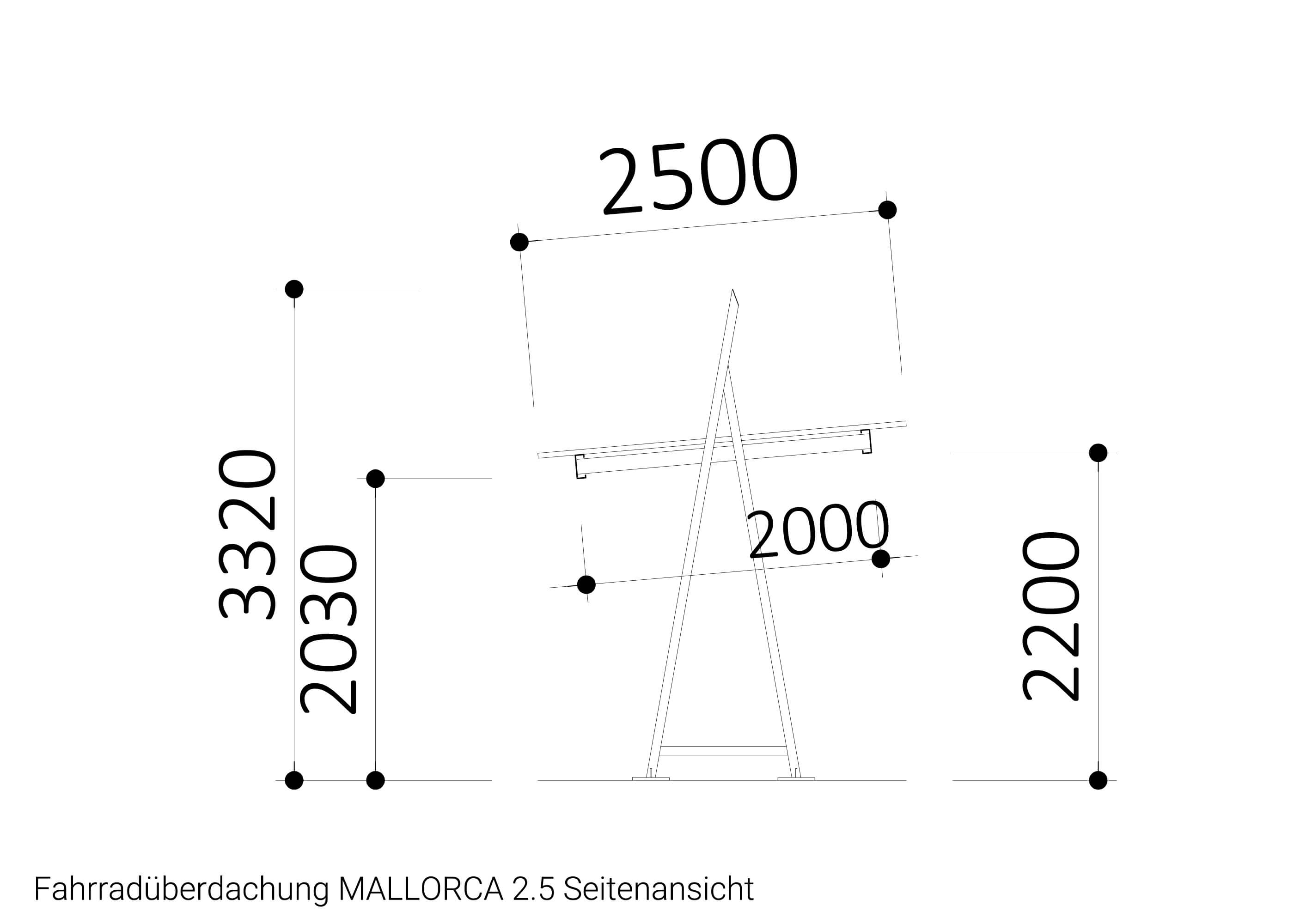 Fahrradüberdachung MALLORCA 2.5 Seitenansicht Zeichnung Fahrradüberdachung MALLORCA 2.5 Seitenansicht