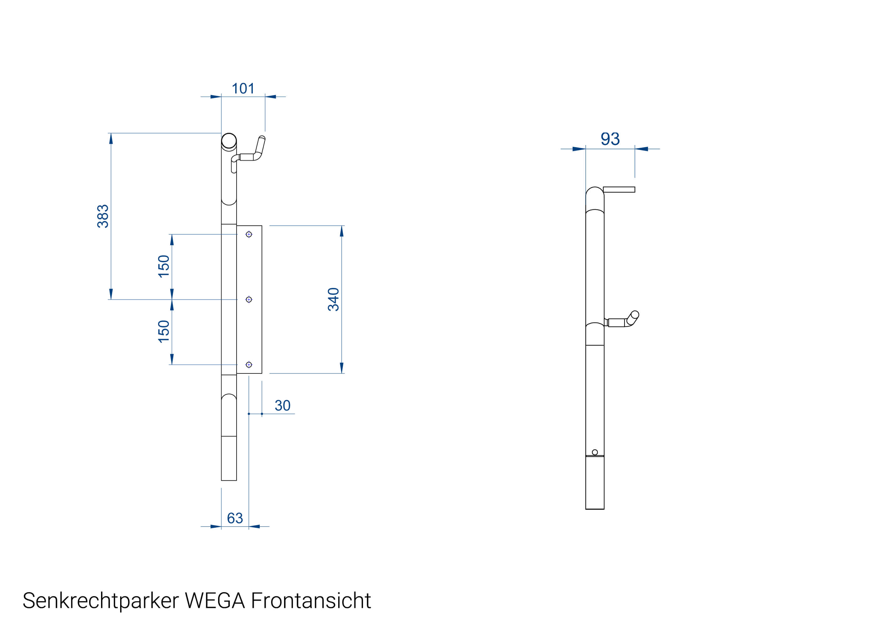 Fahrradständer Senkrechtparker WEGA Frontansicht Zeichnung