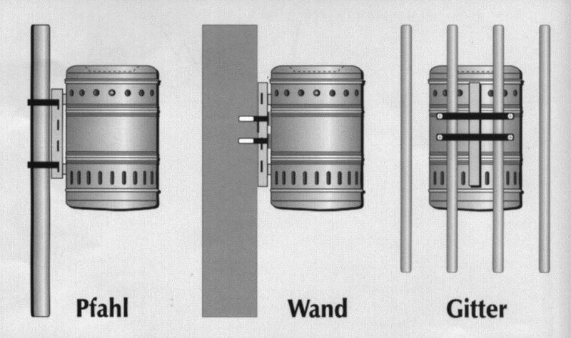 Abfallbehälter ENZO: Befestigungsmöglichkeiten an einem Pfahl, einer Wand oder einem Gitter