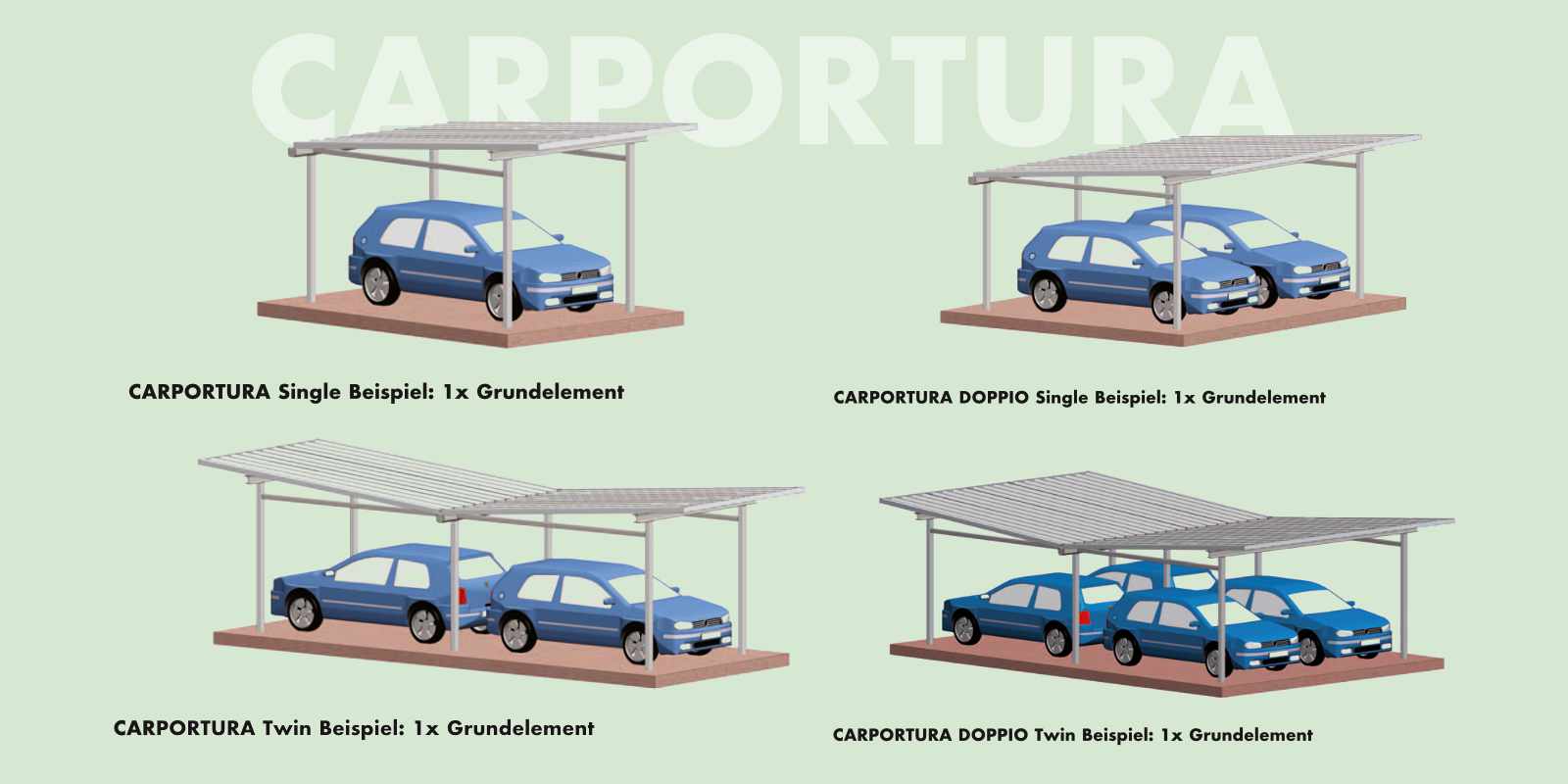 Carport CARPORTURA als Single-, Twin-, Doppio- und Doppio-Twin-Versionen
