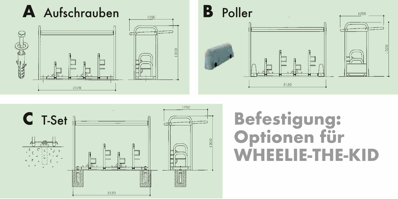 Fahrradständer WHEELIE-THE-KID Befestigungen Fahrradständer WHEELIE-THE-KID Befestigungen